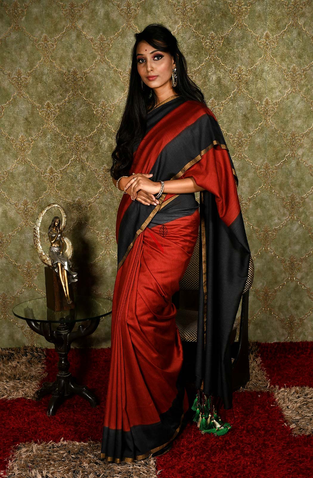 Rust & Black Pure Muga Saree