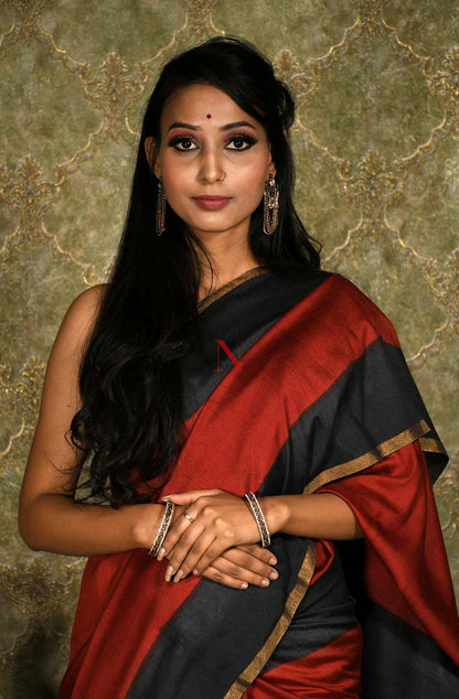 Rust & Black Pure Muga Saree