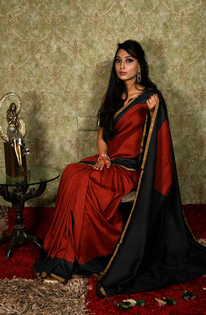 Rust & Black Pure Muga Saree