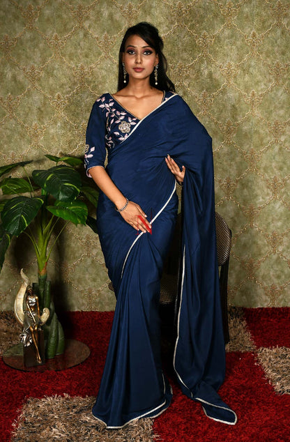 Navy Blue Designer Pure Crepe Saree