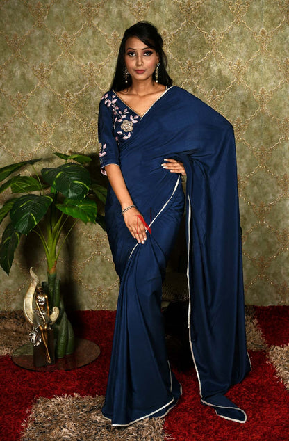 Navy Blue Designer Pure Crepe Saree