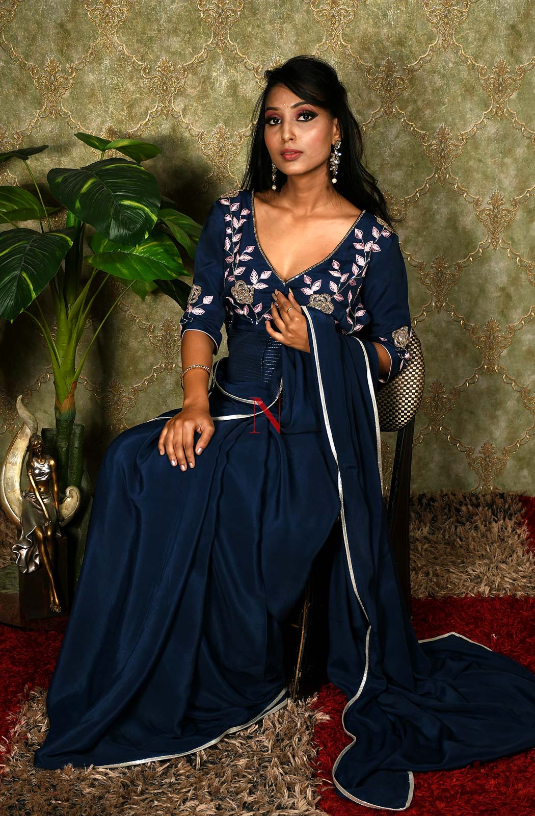 Navy Blue Designer Pure Crepe Saree