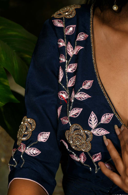 Navy Blue Designer Pure Crepe Saree