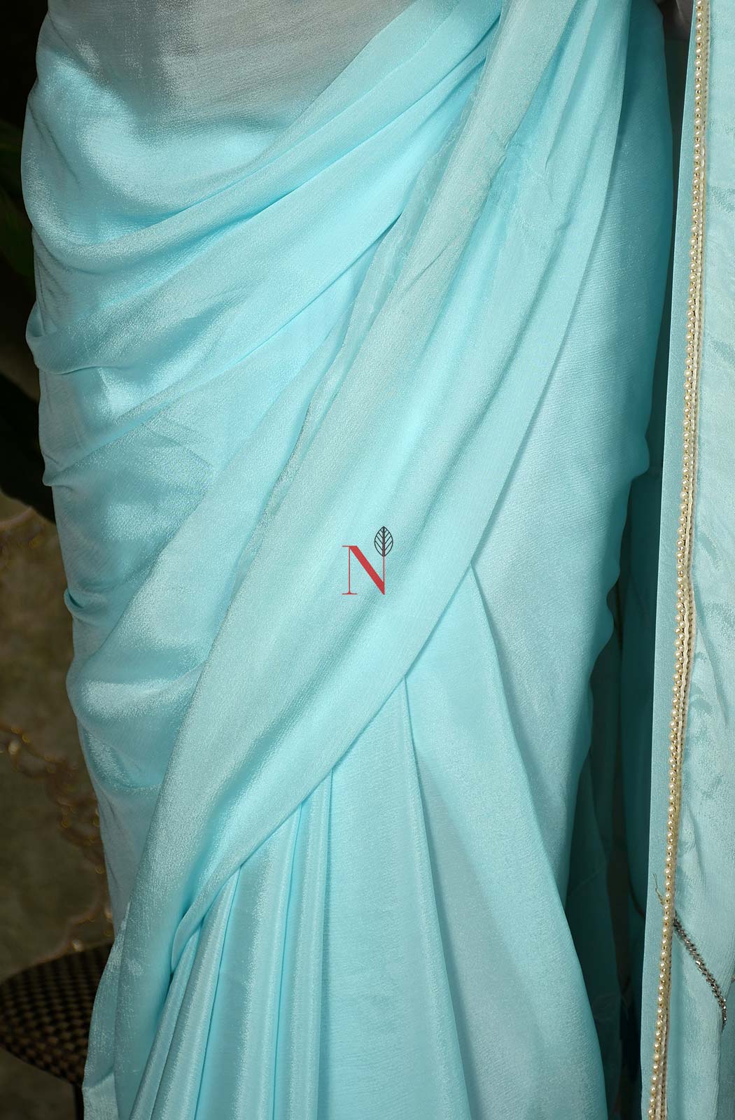 Sky Blue Designer Pure Chiffon Saree