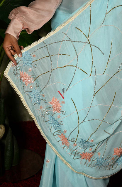 Sky Blue Designer Pure Chiffon Saree