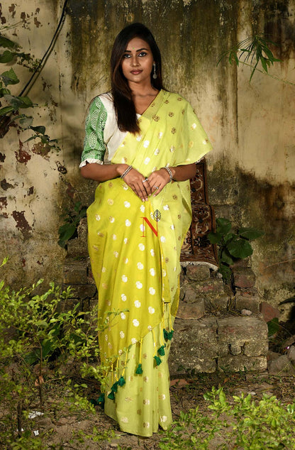 Light Green & Olive Pure Silk Chanderi Saree - Naksheband