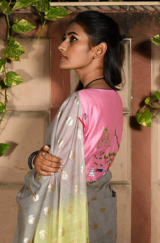 Pink Pure Silk Chanderi Hand Embroidered Designer Blouse - Naksheband