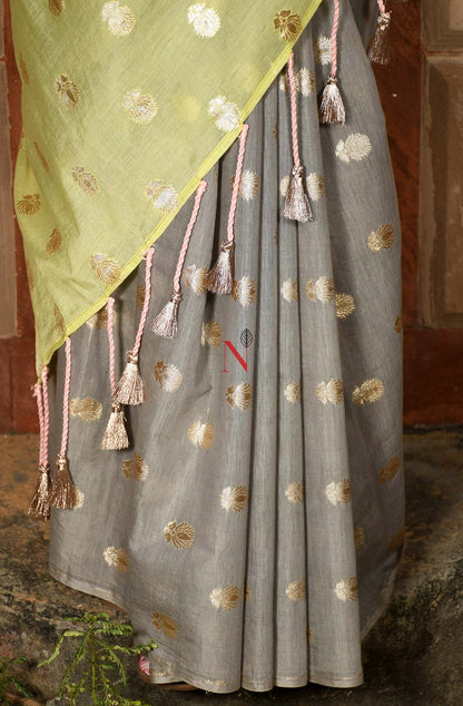 Grey & Green Pure Silk Chanderi Saree