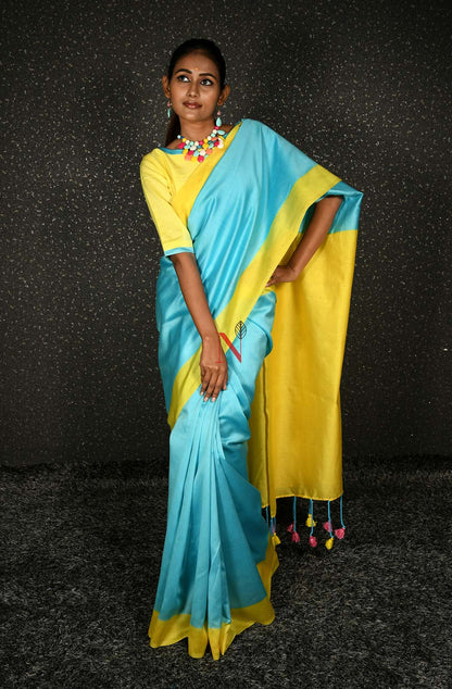Firozi & Yellow Green Pure Silk Chanderi Saree