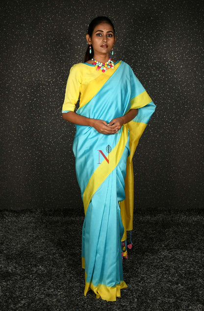 Firozi & Yellow Green Pure Silk Chanderi Saree