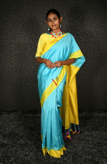 Firozi & Yellow Green Pure Silk Chanderi Saree