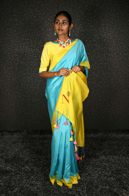 Firozi & Yellow Green Pure Silk Chanderi Saree