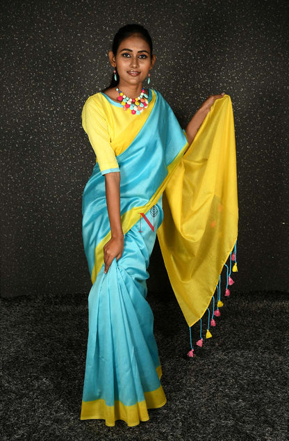 Firozi & Yellow Green Pure Silk Chanderi Saree
