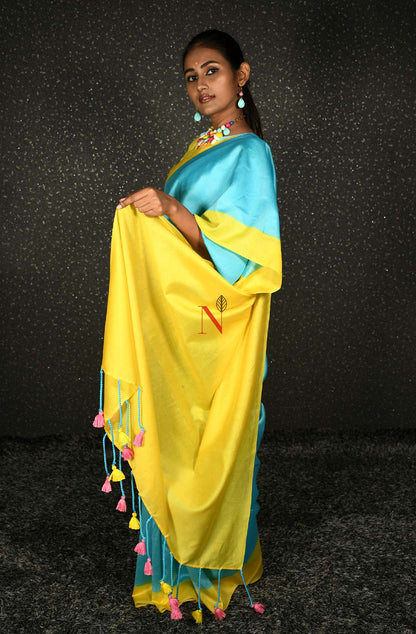 Firozi & Yellow Green Pure Silk Chanderi Saree