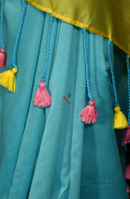 Firozi & Yellow Green Pure Silk Chanderi Saree