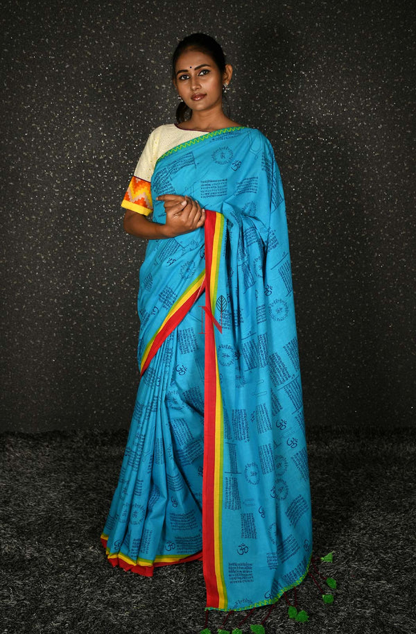 Blue Pure Cotton Printed Saree