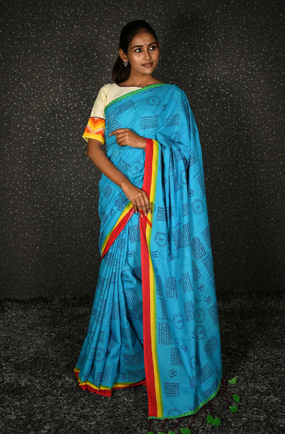 Blue Pure Cotton Printed Saree