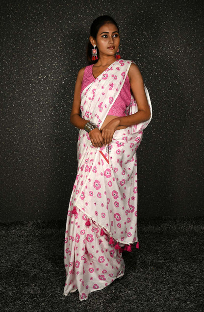 White Pure Cotton Printed Saree