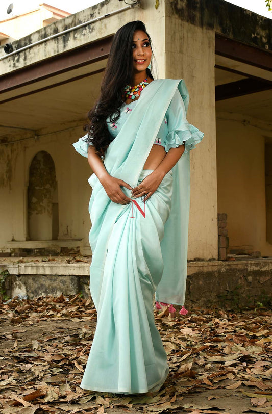 Sea Green Pure Silk Chanderi Plain Saree