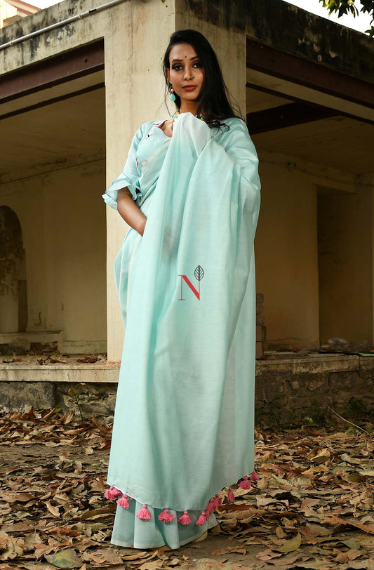 Sea Green Pure Silk Chanderi Plain Saree