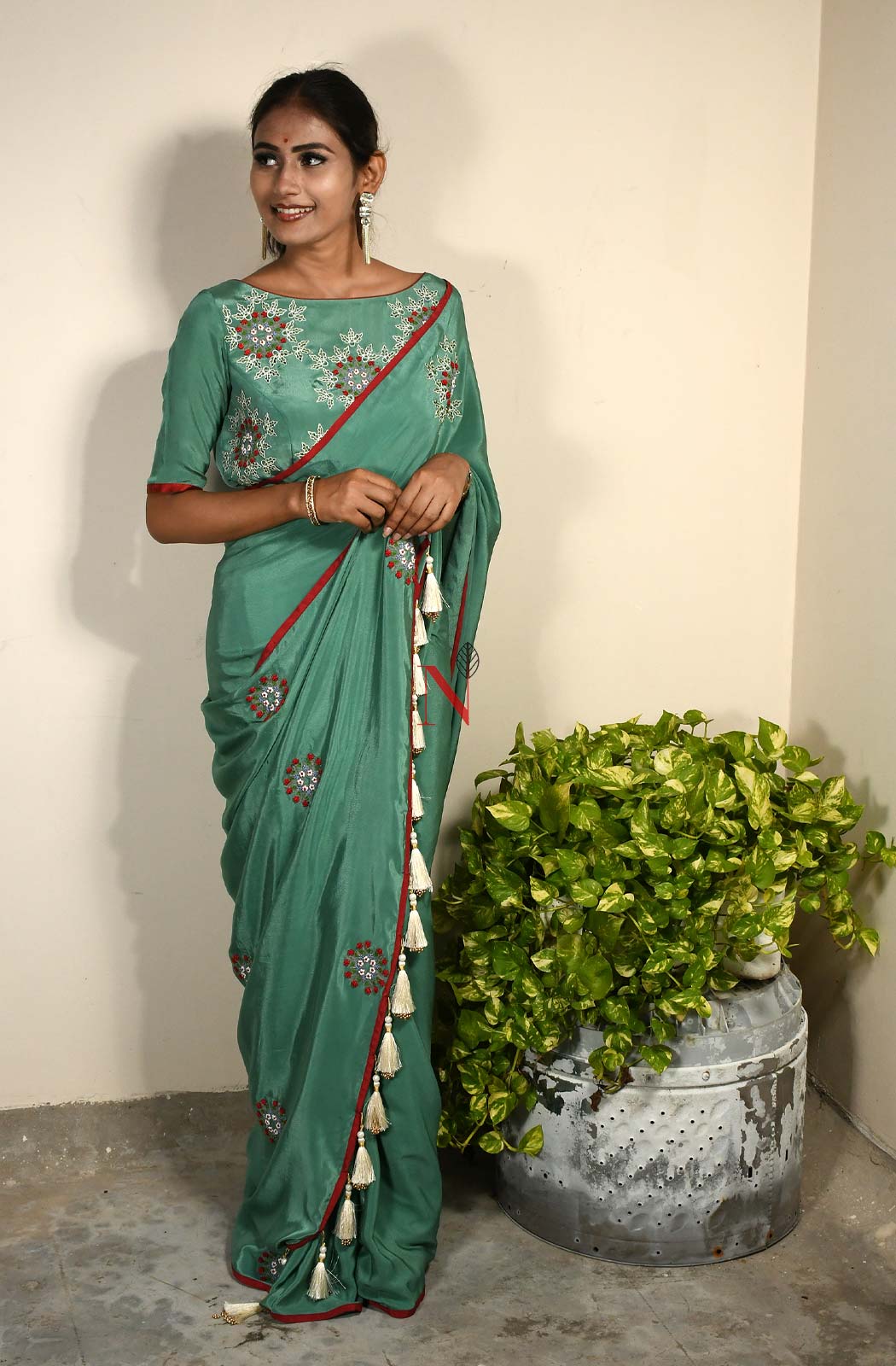 Deep Sea Green Designer Pure Crepe Saree - Naksheband