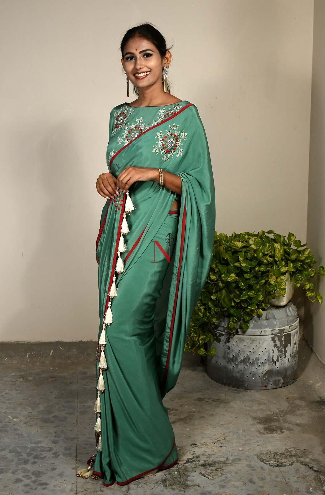 Deep Sea Green Designer Pure Crepe Saree - Naksheband