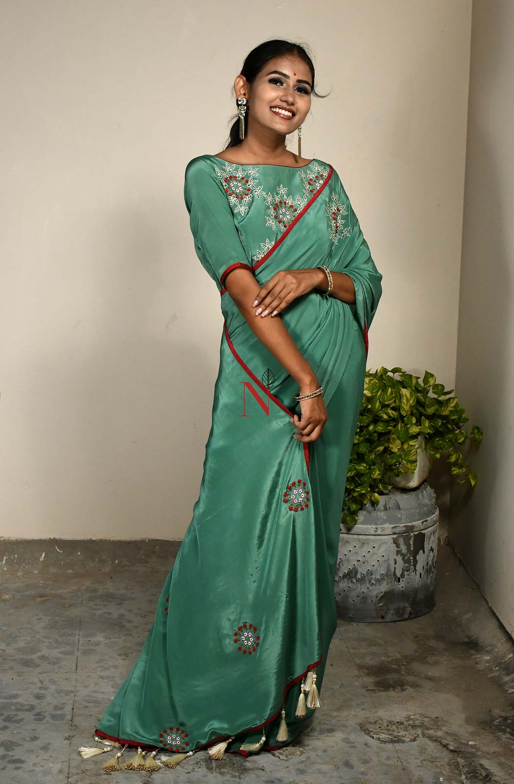 Deep Sea Green Designer Pure Crepe Saree - Naksheband
