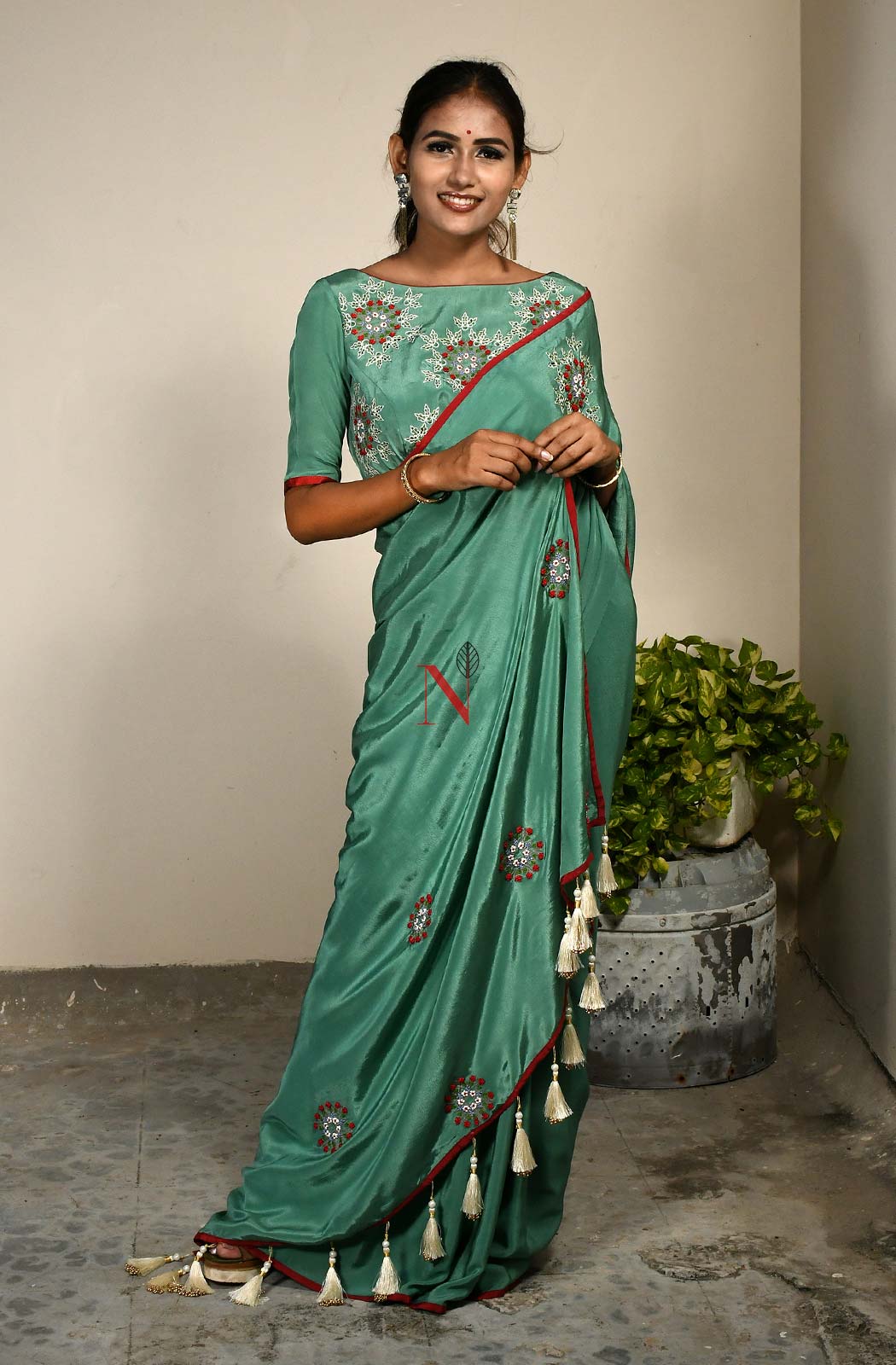 Deep Sea Green Designer Pure Crepe Saree - Naksheband