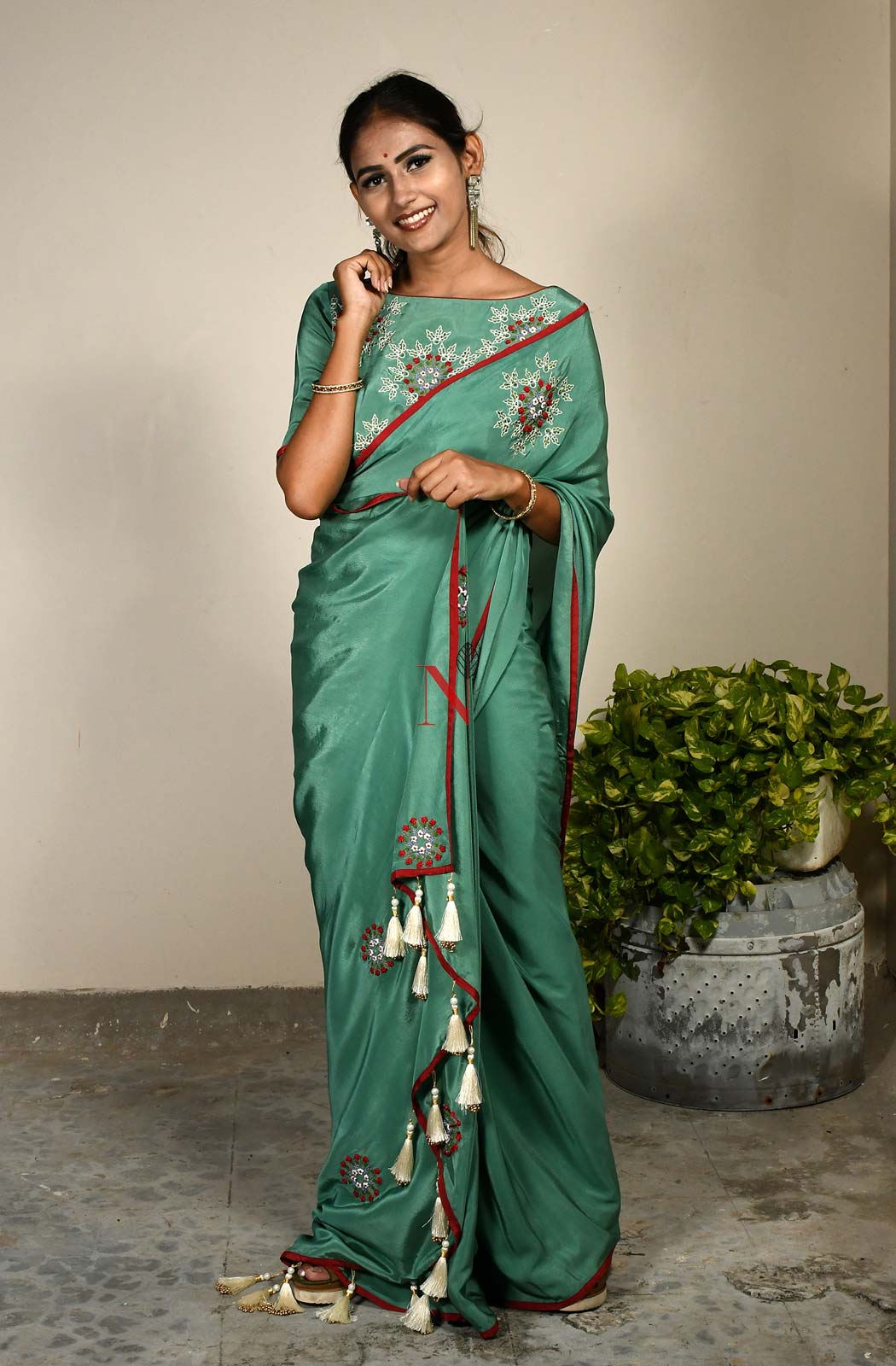 Deep Sea Green Designer Pure Crepe Saree - Naksheband