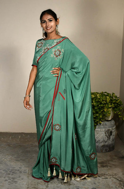 Deep Sea Green Designer Pure Crepe Saree - Naksheband
