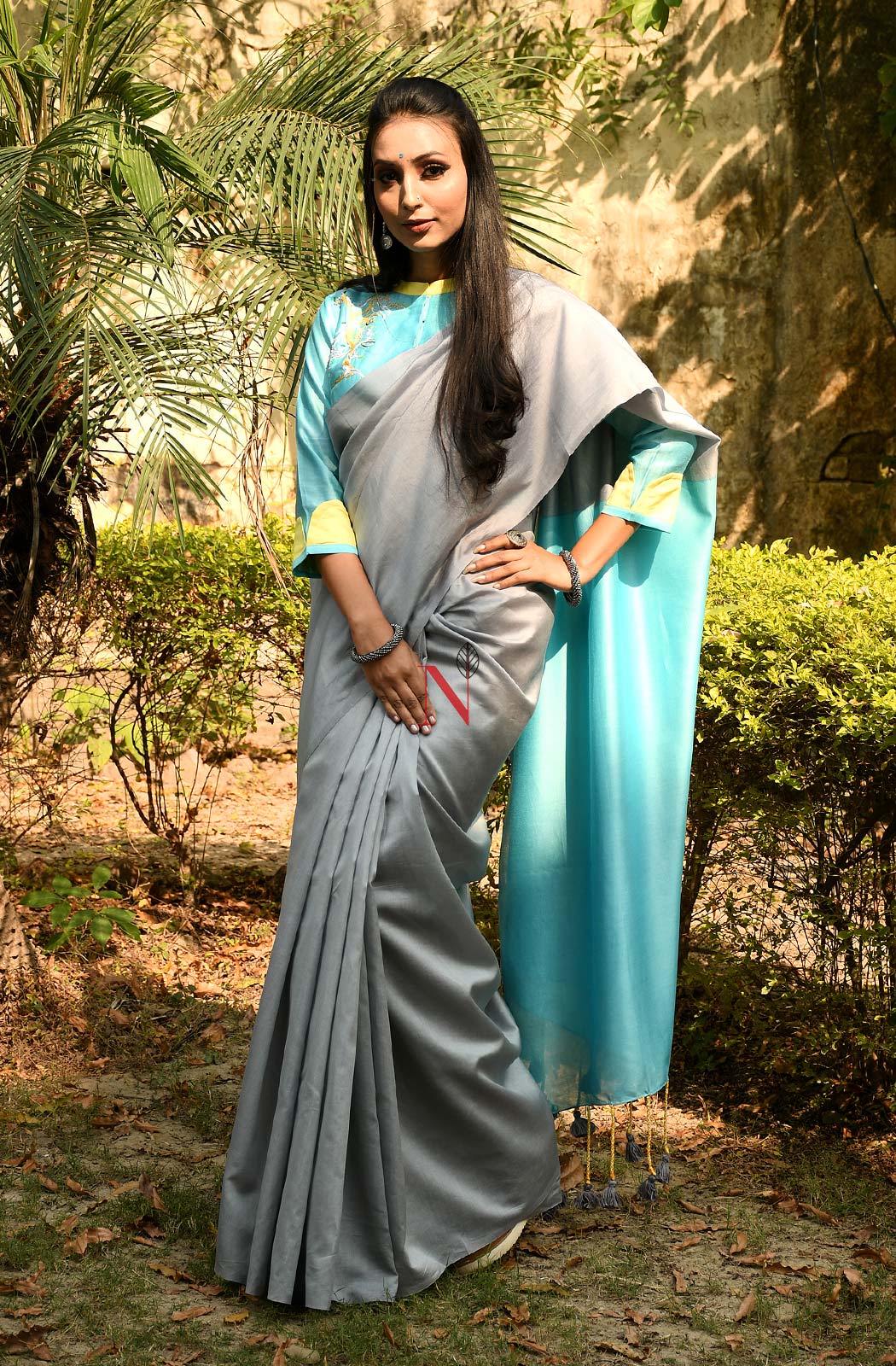 Grey & Sky Blue Pure Silk Chanderi Saree - Naksheband