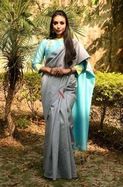 Grey & Sky Blue Pure Silk Chanderi Saree - Naksheband