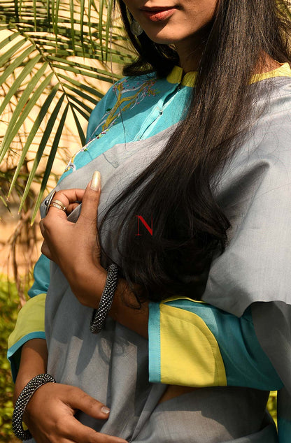 Grey & Sky Blue Pure Silk Chanderi Saree - Naksheband