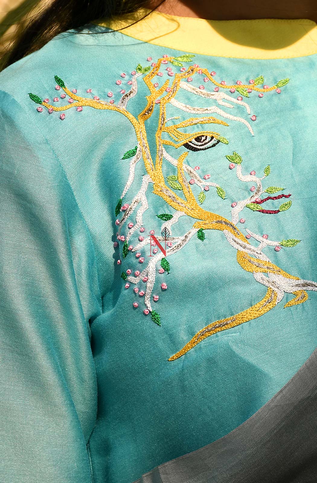 Grey & Sky Blue Pure Silk Chanderi Saree - Naksheband
