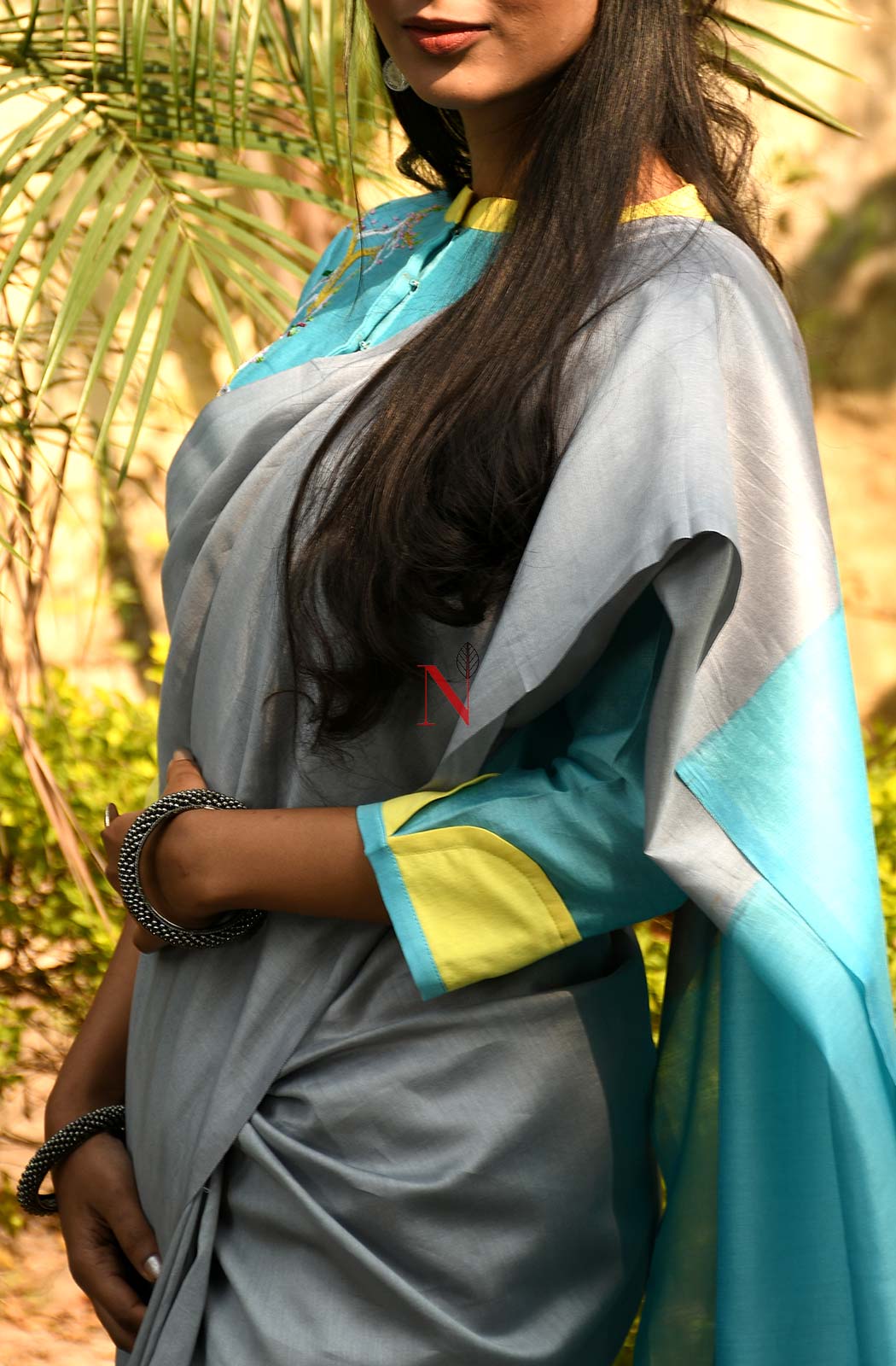 Grey & Sky Blue Pure Silk Chanderi Saree - Naksheband