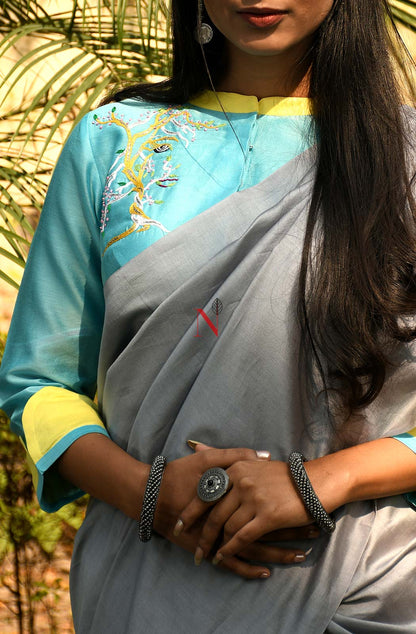 Grey & Sky Blue Pure Silk Chanderi Saree - Naksheband