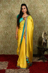 Blonde Yellow And Turq Blue Designer Embroidery Pure Tusser Silk Saree - Electric Lime