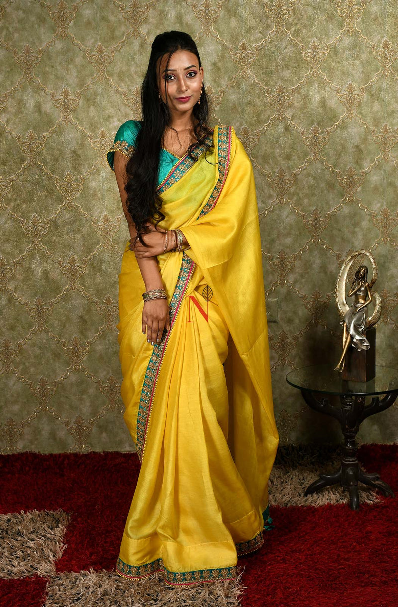 Blonde Yellow And Turq Blue Designer Embroidery Pure Tusser Silk Saree - Electric Lime