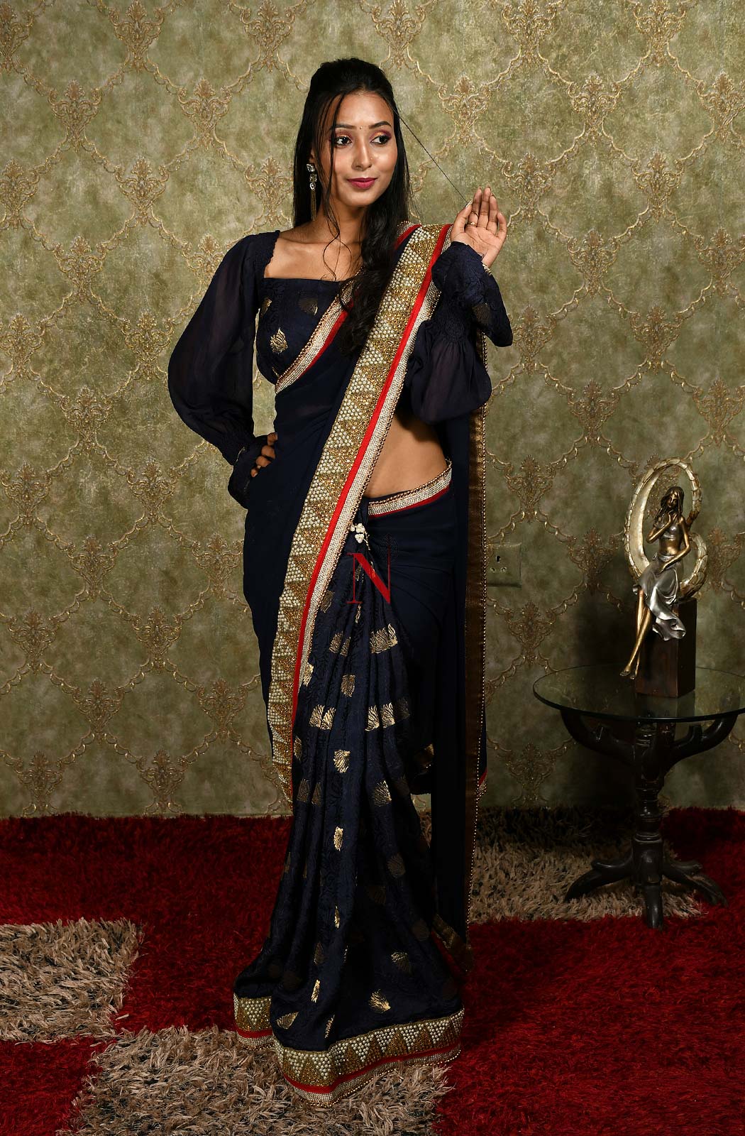 Navy Blue Designer Pure Georgette Embroidered Saree - Veronica - Naksheband