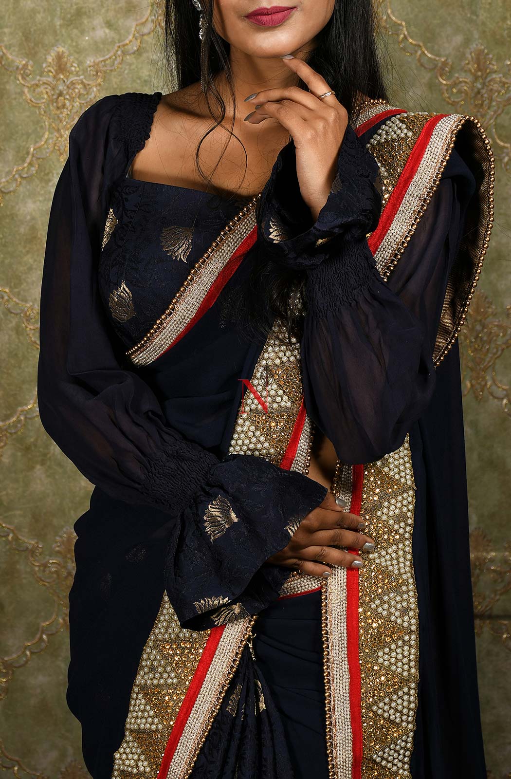 Navy Blue Designer Pure Georgette Embroidered Saree - Veronica - Naksheband