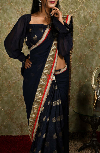 Navy Blue Designer Pure Georgette Embroidered Saree - Veronica - Naksheband