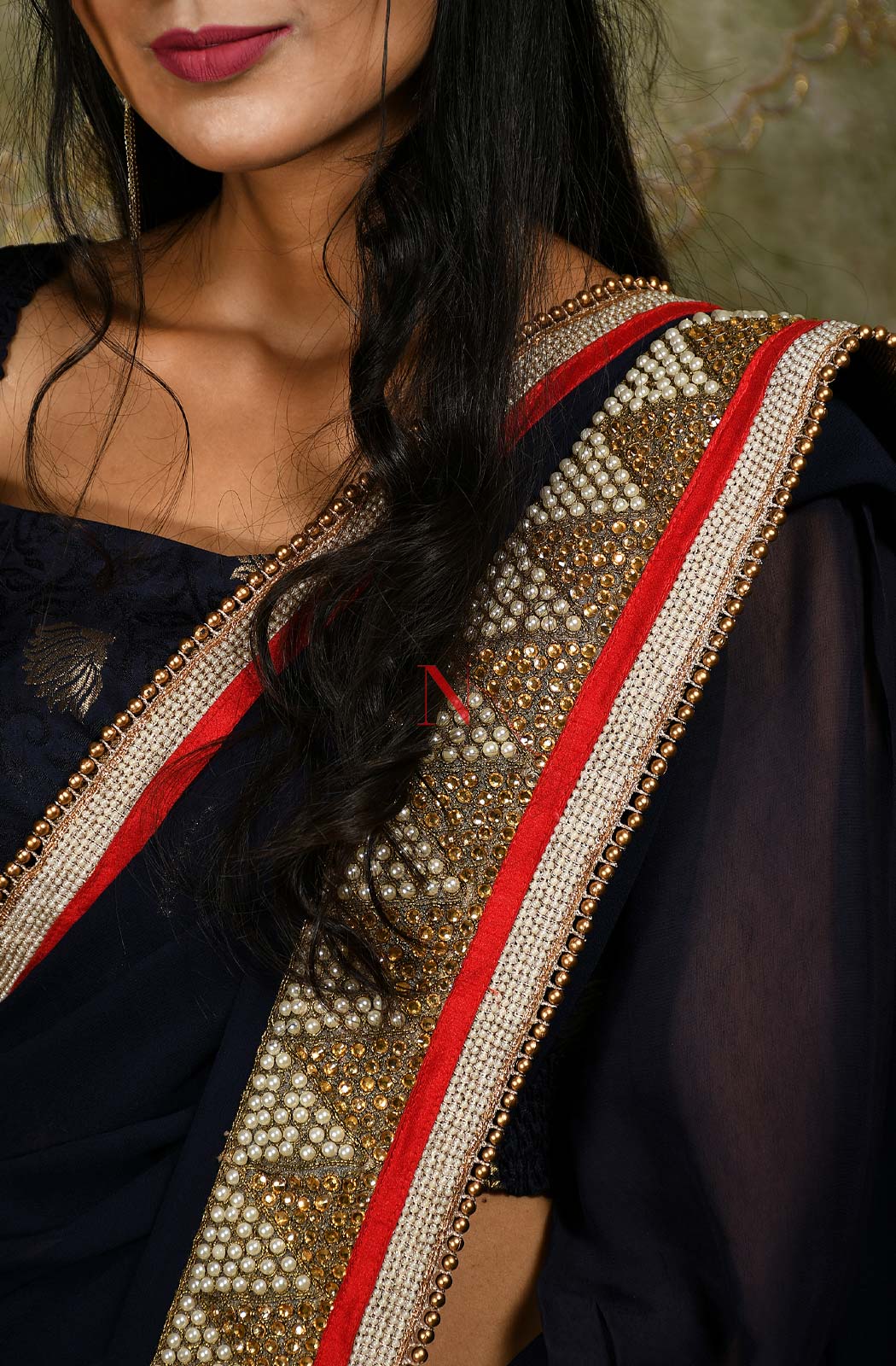 Navy Blue Designer Pure Georgette Embroidered Saree - Veronica - Naksheband
