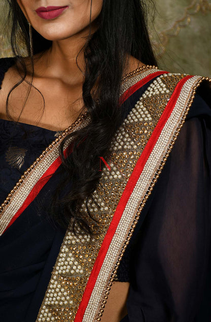 Navy Blue Designer Pure Georgette Embroidered Saree - Veronica - Naksheband