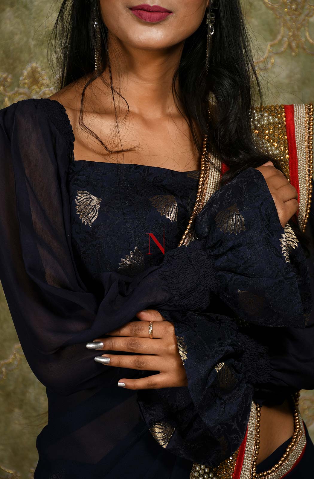 Navy Blue Designer Pure Georgette Embroidered Saree - Veronica - Naksheband