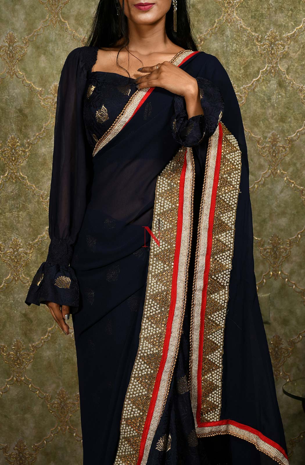 Navy Blue Designer Pure Georgette Embroidered Saree - Veronica - Naksheband