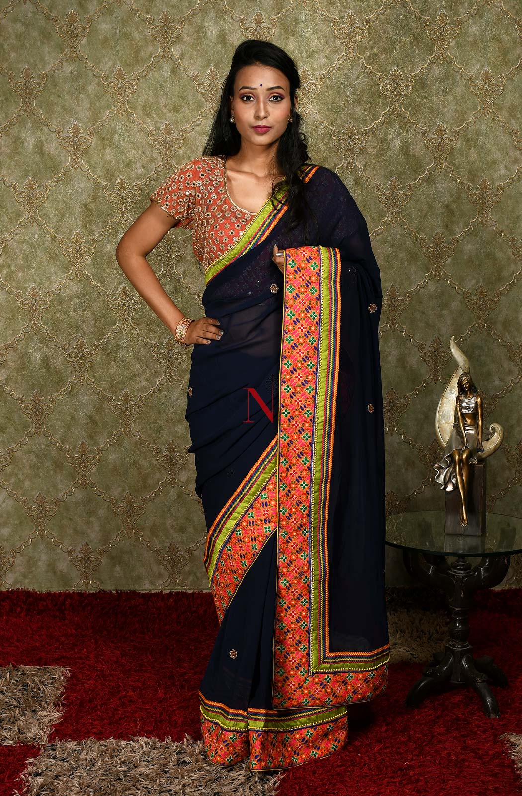 Navy Blue Designer Pure Georgette Embroidered Saree - Bird Of Paradise - Naksheband