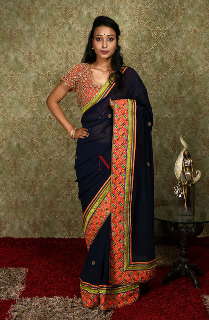 Navy Blue Designer Pure Georgette Embroidered Saree - Bird Of Paradise - Naksheband