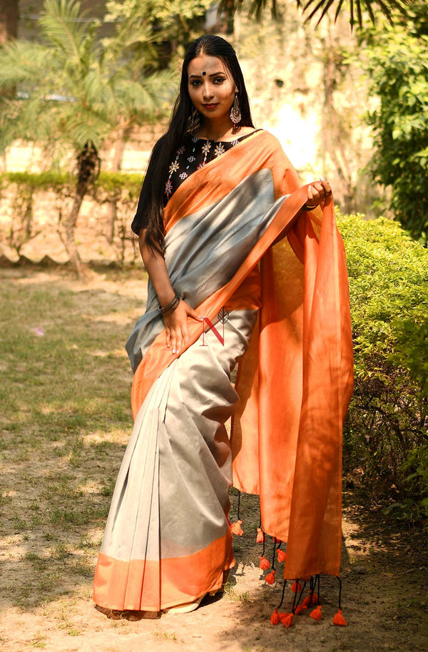 Grey & Orange Pure Silk Chanderi Saree