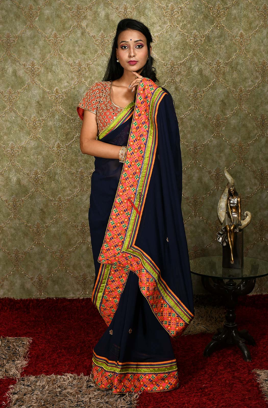Navy Blue Designer Pure Georgette Embroidered Saree - Bird Of Paradise - Naksheband