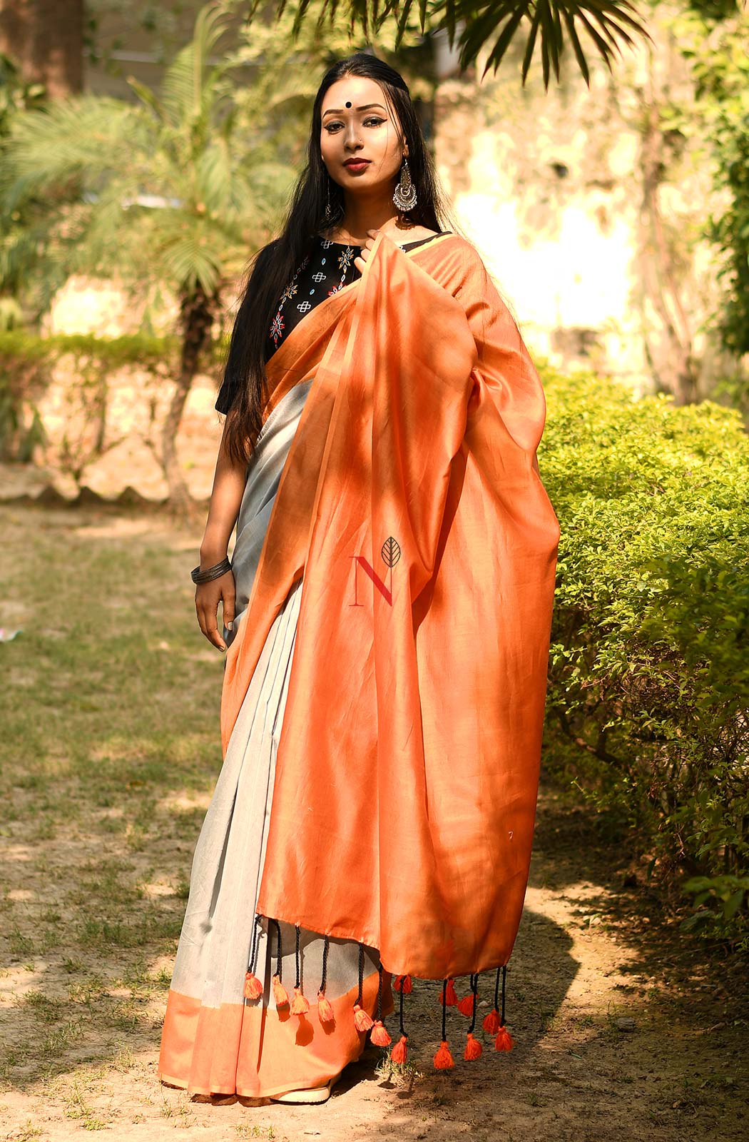 Grey & Orange Pure Silk Chanderi Saree - Naksheband